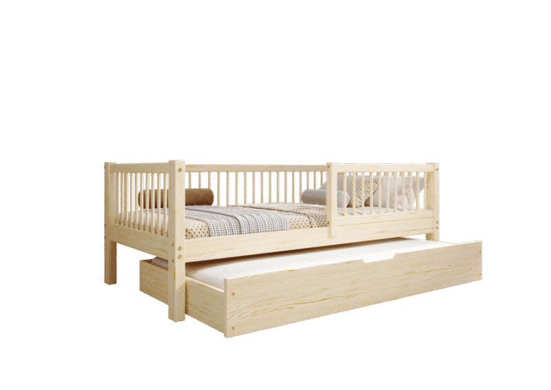 ALFIE Klassisches Kinderbett aus Holz mit runden Sprossen und Schlafschublade