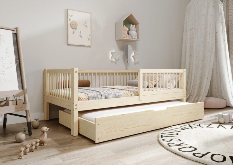 ALFIE Klassisches Kinderbett aus Holz mit runden Sprossen und Schlafschublade