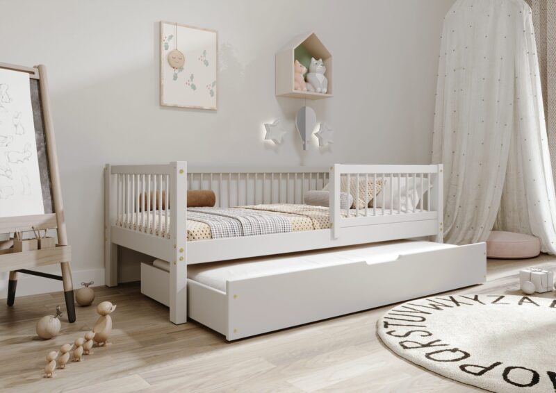 ALFIE Klassisches Kinderbett aus Holz mit runden Sprossen und Schlafschublade