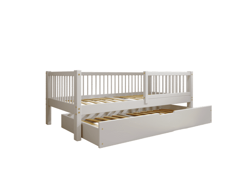 ALFIE Klassisches Kinderbett aus Holz mit runden Sprossen und Schlafschublade