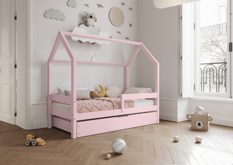 FLORENCE BOX Hausbett aus Holz mit waagerechtem Rausfallschutz und Bettwäsche-Schublade