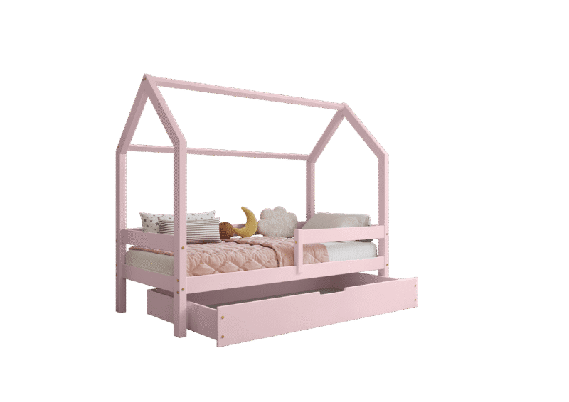 FLORENCE BOX Hausbett aus Holz mit waagerechtem Rausfallschutz und Bettwäsche-Schublade