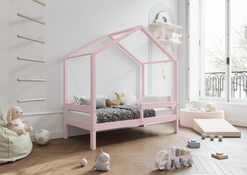 HUFFIE Hausbett aus Holz mit waagerechtem Rausfallschutz, hoch