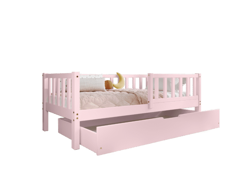 LENA Klassisches Kinderbett aus Holz mit rechteckigen Sprossen und Bettwäsche-Schublade