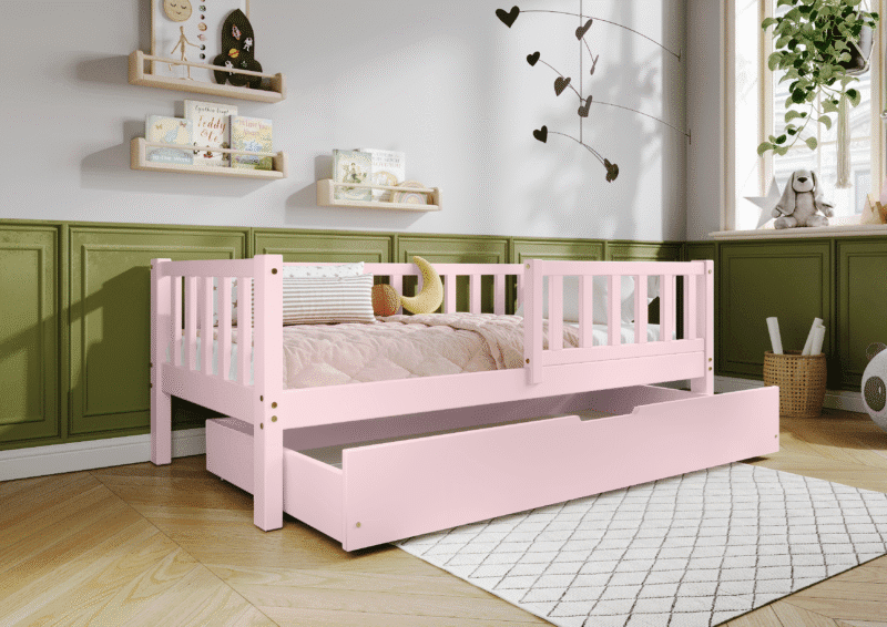 LENA Klassisches Kinderbett aus Holz mit rechteckigen Sprossen und Bettwäsche-Schublade