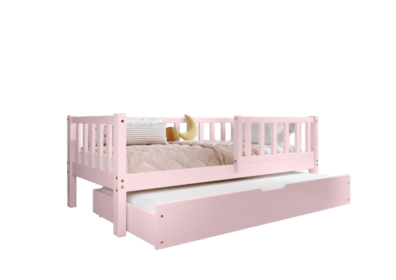 LENA Klassisches Kinderbett aus Holz mit Zaun-Rausfallschutz und Schlafschublade