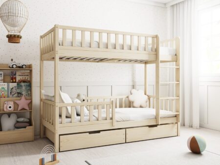 KARO Etagenbett aus Holz mit Zaun-Rausfallschutz und Bettwäsche-Schubladen
