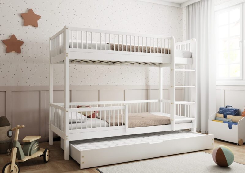 MOLLY DUO Etagenbett aus Holz mit runden Sprossen und Schlafschublade