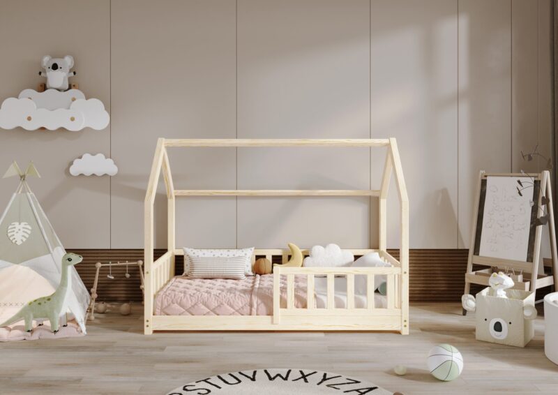POLLIE Hausbett aus Holz mit Zaun-Rausfallschutz, niedrig