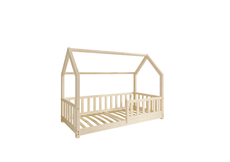 POLLIE Hausbett aus Holz mit Zaun-Rausfallschutz, niedrig