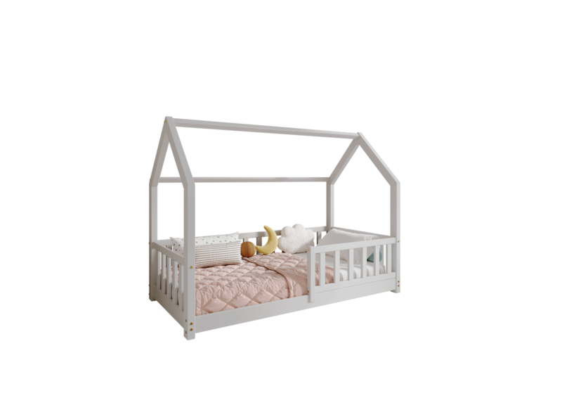 POLLIE Hausbett aus Holz mit Zaun-Rausfallschutz, niedrig