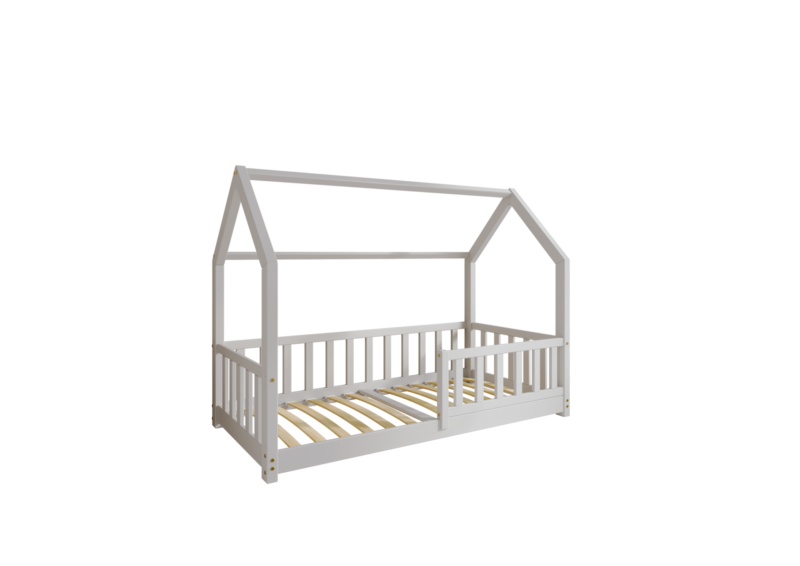 POLLIE Hausbett aus Holz mit Zaun-Rausfallschutz, niedrig
