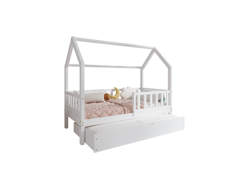 POLLIE Hausbett aus Holz mit Zaun-Rausfallschutz und Schlafschublade