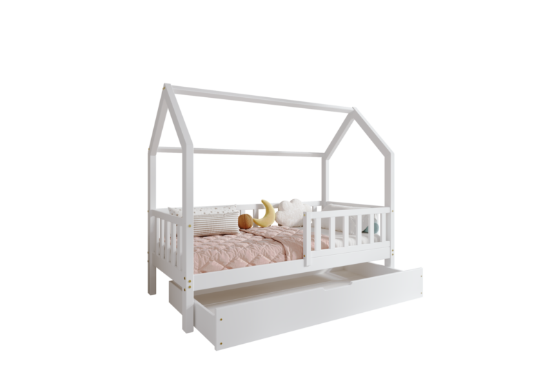 POLLIE Hausbett aus Holz mit Zaun-Rausfallschutz und Bettwäsche-Schublade
