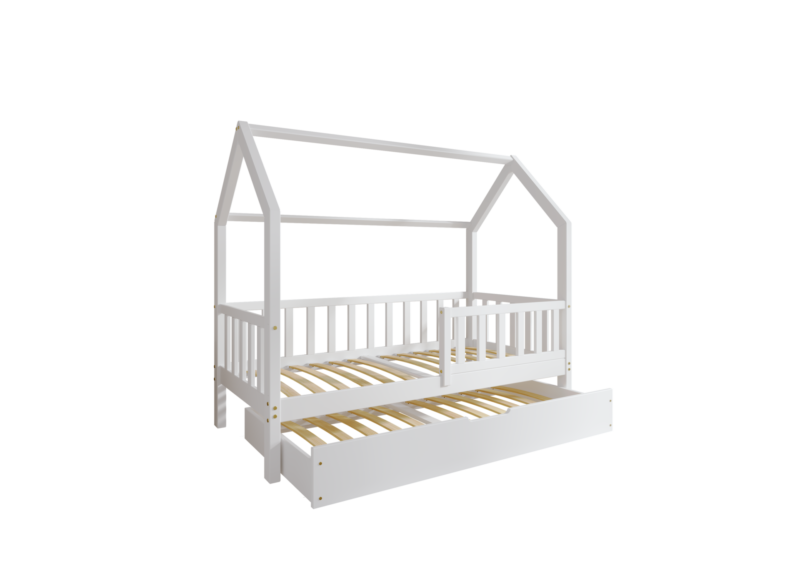 POLLIE Hausbett aus Holz mit Zaun-Rausfallschutz und Schlafschublade