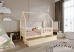 POLLIE Hausbett aus Holz mit Zaun-Rausfallschutz und Bettwäsche-Schublade