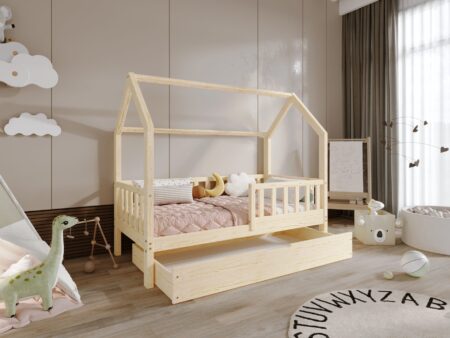 POLLIE Hausbett aus Holz mit Zaun-Rausfallschutz und Bettwäsche-Schublade