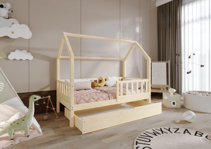 POLLIE Hausbett aus Holz mit Zaun-Rausfallschutz und Bettwäsche-Schublade