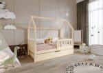 POLLIE Hausbett aus Holz mit Zaun-Rausfallschutz und Bettwäsche-Schublade