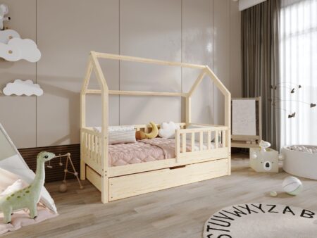POLLIE Hausbett aus Holz mit Zaun-Rausfallschutz und Bettwäsche-Schublade – Versand in 48 h