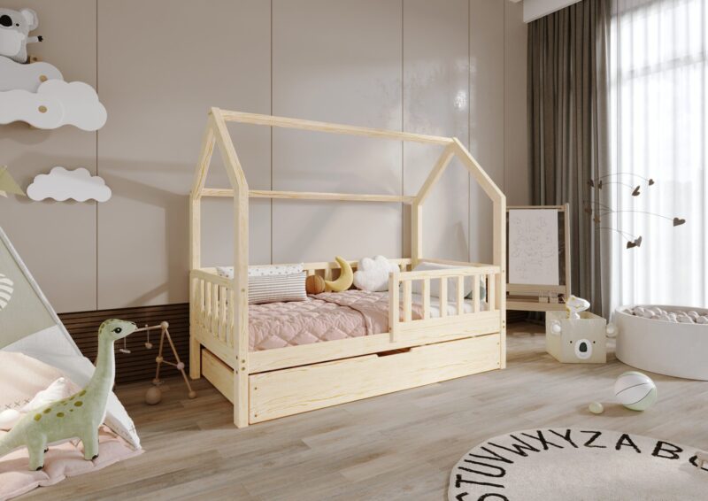 POLLIE Hausbett aus Holz mit Zaun-Rausfallschutz und Bettwäsche-Schublade