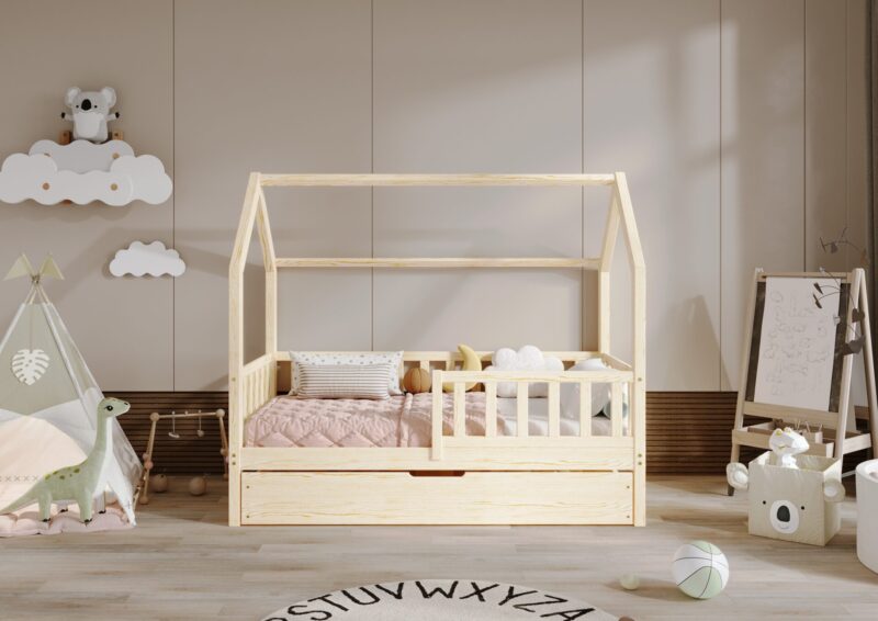 POLLIE Hausbett aus Holz mit Zaun-Rausfallschutz und Schlafschublade