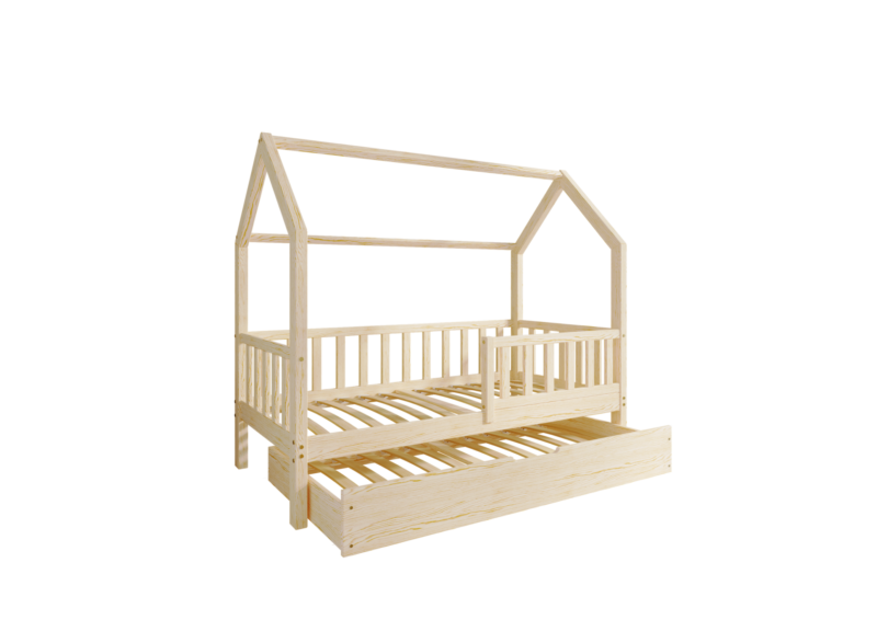 POLLIE Hausbett aus Holz mit Zaun-Rausfallschutz und Schlafschublade