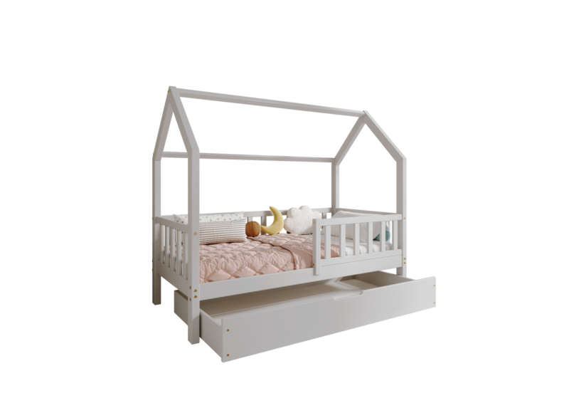 POLLIE Hausbett aus Holz mit Zaun-Rausfallschutz und Bettwäsche-Schublade