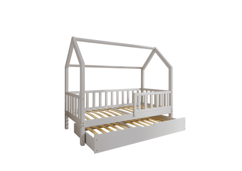POLLIE Hausbett aus Holz mit Zaun-Rausfallschutz und Schlafschublade