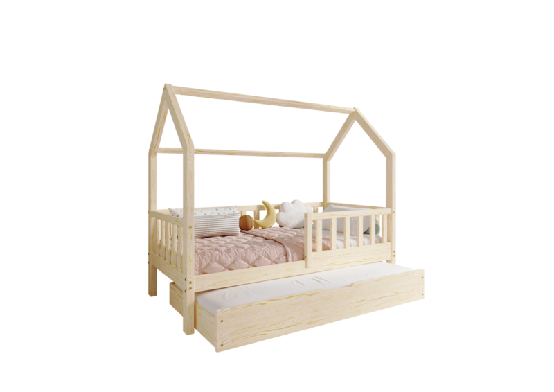 POLLIE Hausbett aus Holz mit Zaun-Rausfallschutz und Schlafschublade