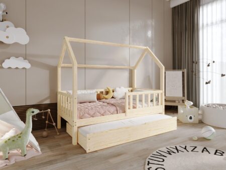 POLLIE Hausbett aus Holz mit Zaun-Rausfallschutz und Schlafschublade