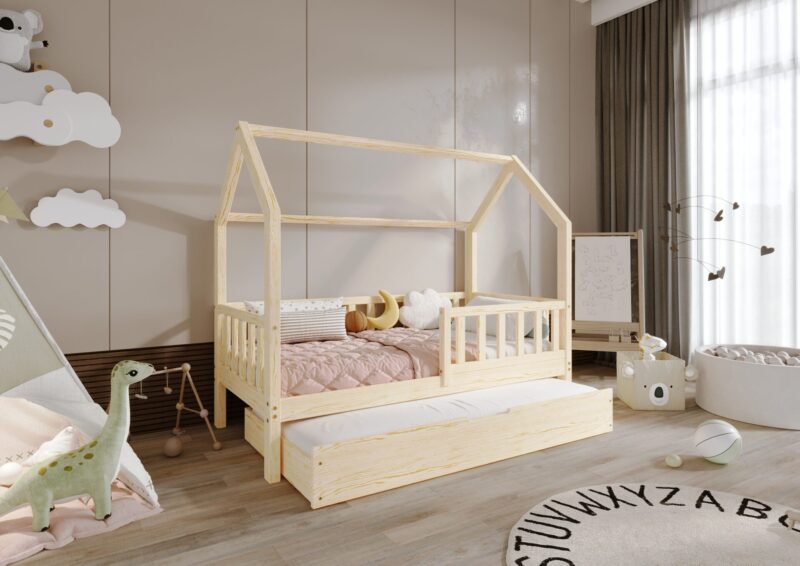 POLLIE Hausbett aus Holz mit Zaun-Rausfallschutz und Schlafschublade