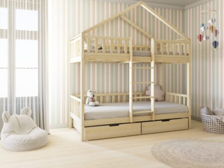 DORMIO BOX Etagenbett aus Holz mit Zaun-Rausfallschutz und Bettwäsche-Schubladen