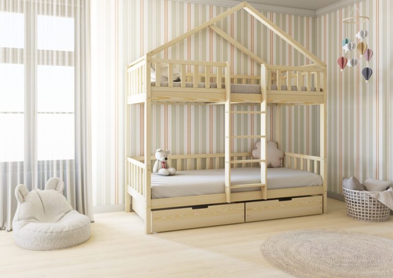 DORMIO BOX Etagenbett aus Holz mit Zaun-Rausfallschutz und Bettwäsche-Schubladen