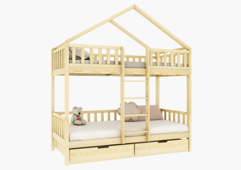 DORMIO BOX Etagenbett aus Holz mit Zaun-Rausfallschutz und Bettwäsche-Schubladen