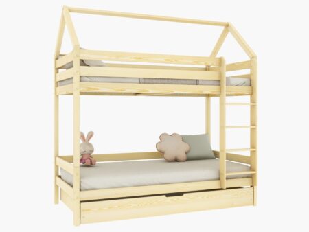 FLORENCE DUO Hausbett-Etagenbett aus Holz mit geradem Rausfallschutz und Schlafschublade – Versand in 48 h