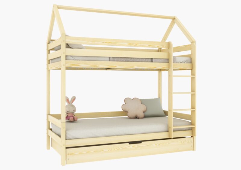 FLORENCE DUO Hausbett-Etagenbett aus Holz mit geradem Rausfallschutz und Schlafschublade – Versand in 48 h