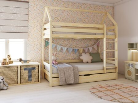 FLORENCE DUO Hausbett-Etagenbett aus Holz mit geradem Rausfallschutz und Schlafschublade – Versand in 48 h