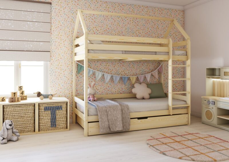 FLORENCE DUO Hausbett-Etagenbett aus Holz mit geradem Rausfallschutz und Schlafschublade – Versand in 48 h