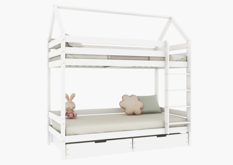 FLORENCE BOX Hausbett-Etagenbett aus Holz mit geradem Rausfallschutz und Bettwäsche-Schubladen