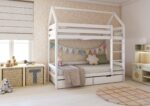 FLORENCE BOX Hausbett-Etagenbett aus Holz mit geradem Rausfallschutz und Bettwäsche-Schubladen
