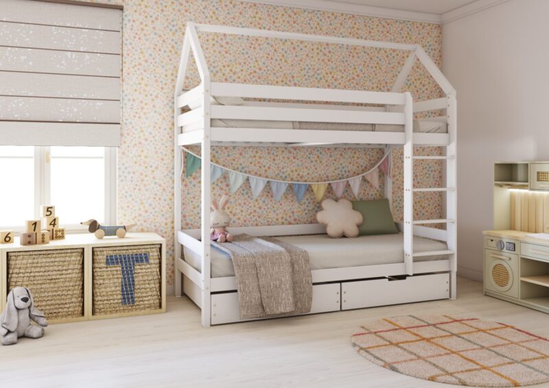 FLORENCE BOX Hausbett-Etagenbett aus Holz mit geradem Rausfallschutz und Bettwäsche-Schubladen