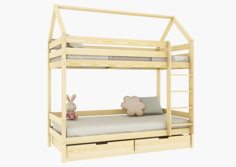 FLORENCE BOX Hausbett-Etagenbett aus Holz mit geradem Rausfallschutz und Bettwäsche-Schubladen – Versand in 48 h