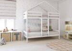 HUFFIE Hausbett-Etagenbett aus Holz mit waagerechtem Rausfallschutz auf hohen Beinen