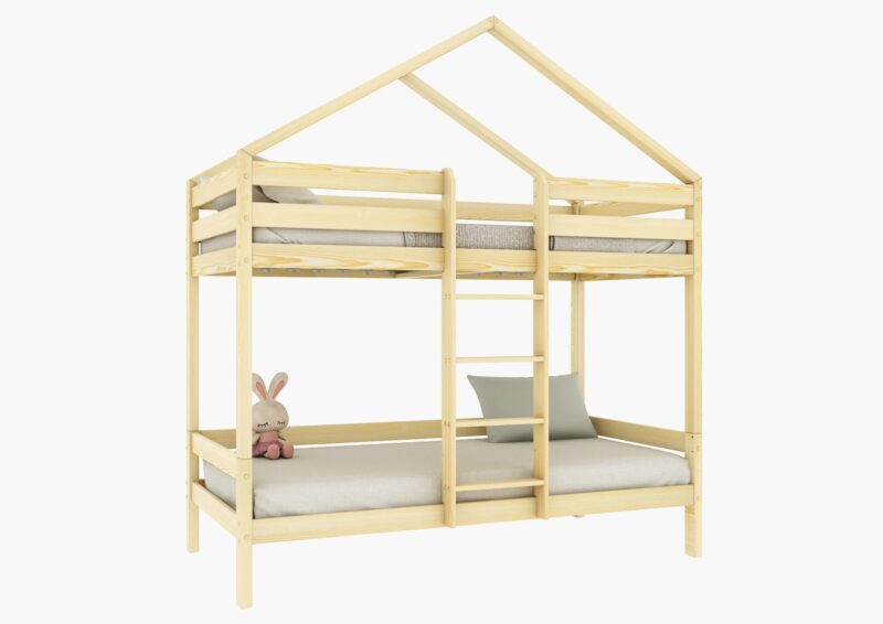 HUFFIE Hausbett-Etagenbett aus Holz mit waagerechtem Rausfallschutz auf hohen Beinen