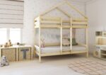 HUFFIE Hausbett-Etagenbett aus Holz mit waagerechtem Rausfallschutz auf hohen Beinen