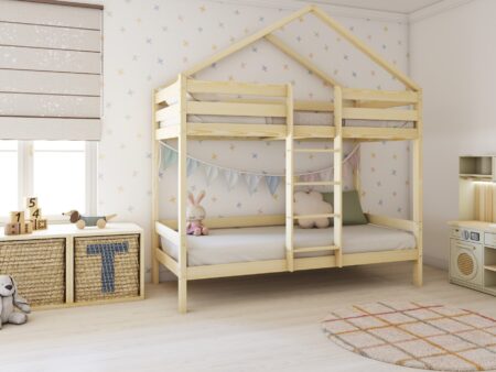 HUFFIE Hausbett-Etagenbett aus Holz mit waagerechtem Rausfallschutz auf hohen Beinen