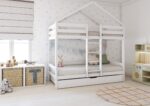 HUFFIE DUO Hausbett-Etagenbett aus Holz mit waagerechtem Rausfallschutz und Schlafschublade