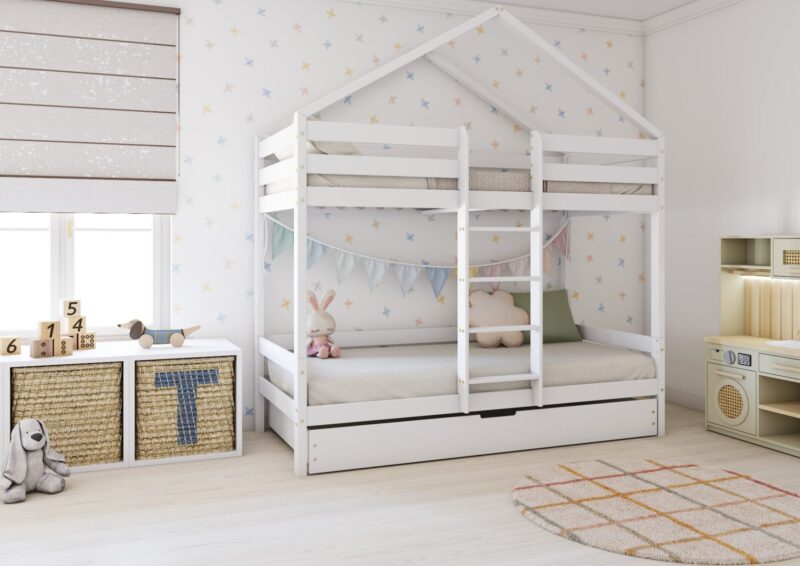 HUFFIE DUO Hausbett-Etagenbett aus Holz mit waagerechtem Rausfallschutz und Schlafschublade