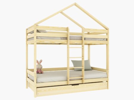 HUFFIE DUO Hausbett-Etagenbett aus Holz mit waagerechtem Rausfallschutz und Schlafschublade – Versand in 48 h